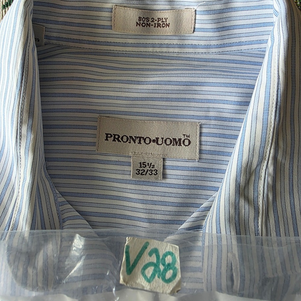 Pronto-Uomo blue stripe 80's w-Ply Non-Iron dress shirt size 15.5 32/33 V28 - Picture 5 of 5